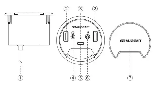 GRAUGEAR G-THUB-AU-60 USB3.0 In-Desk Hub 3 Ports Hub with Audio - Specification