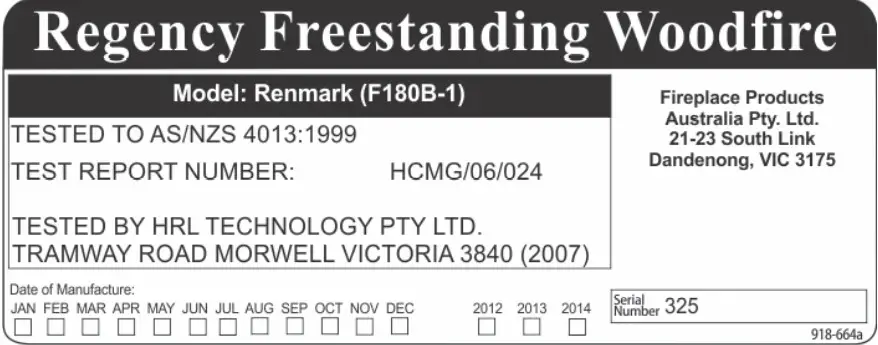 REGENCY F180B 1 Renmark Freestanding Wood Fire - SAFETY LABEL