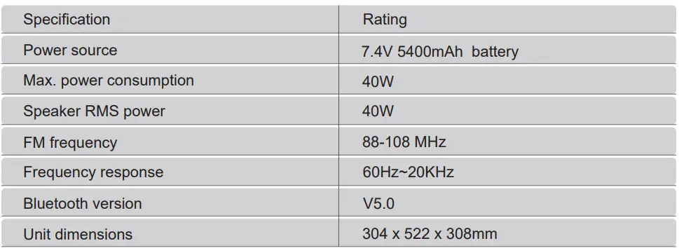 STARUMENT LY-WS08E Portable Karaoke Machine Instruction Manual - Technical specification
