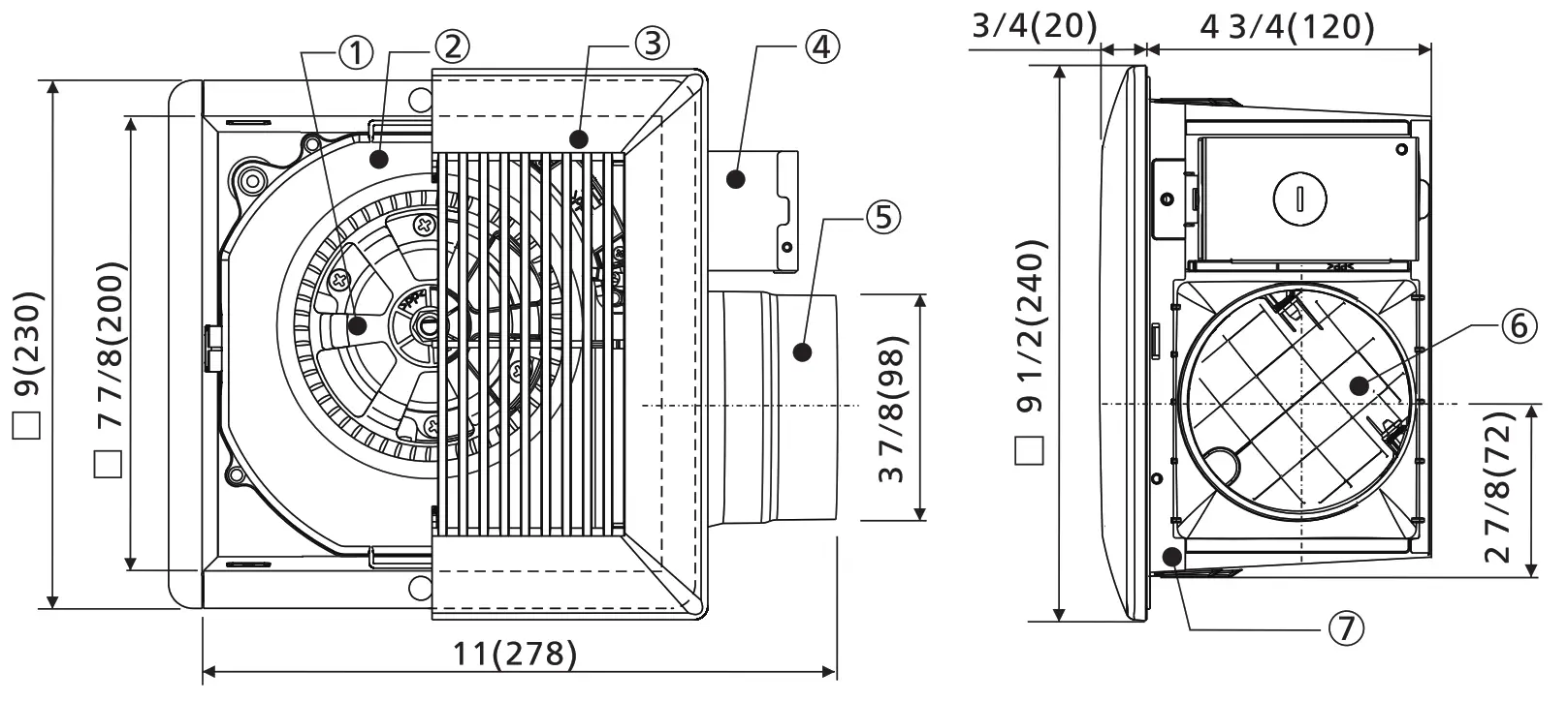 Panasonic RG-M79A Pick A Flow Ventilating Fan - DIMENSIONS