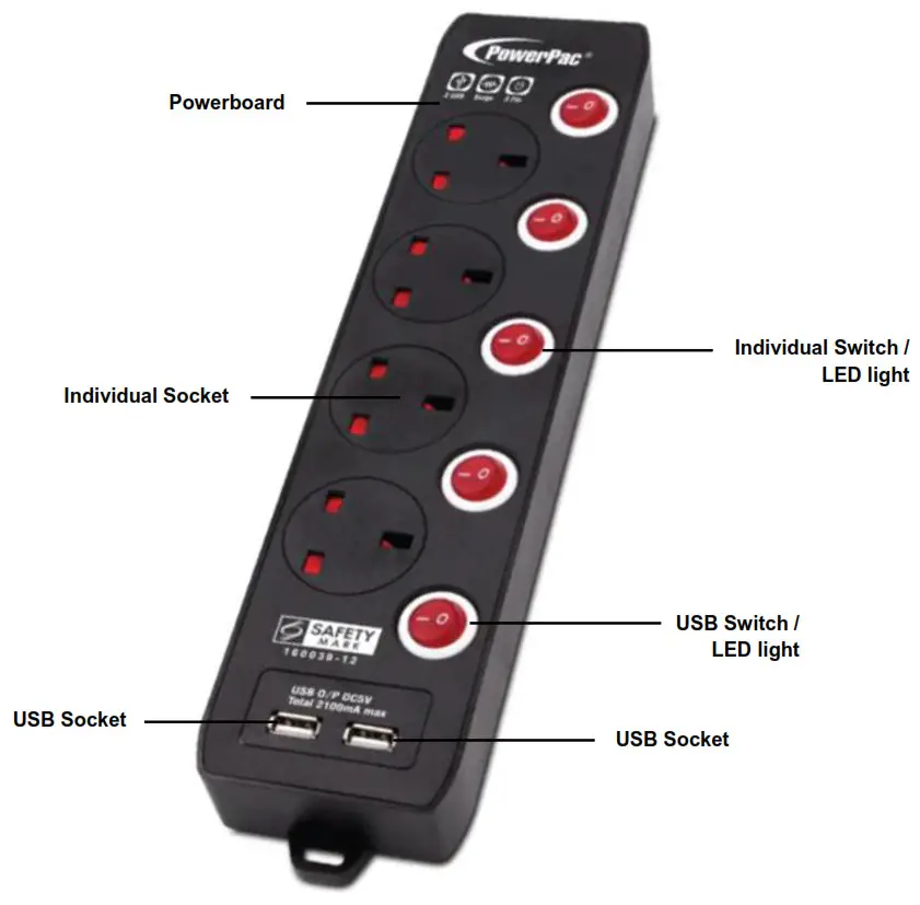 PowerPac PP134UBK Blask Series Extension Socket - fig1