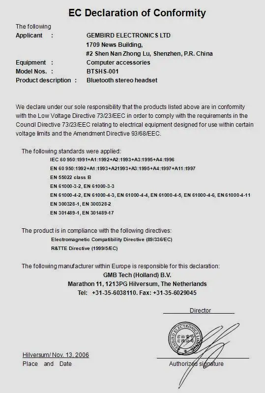 GEMBIRD BTSHS-001 Bluetooth - CHARTIFIKIT