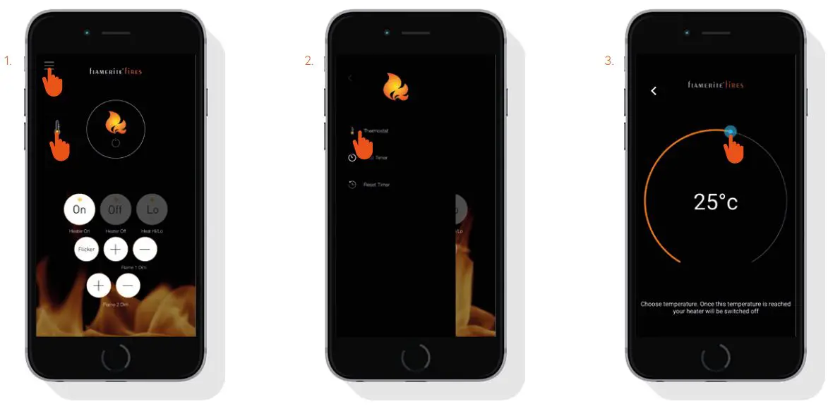 FLAMERITE Smart eControl Radia 3 Instructions - Thermostat button – set the temperature of the heat to cycle