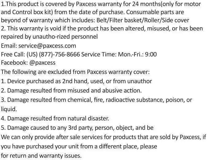 Paxcess Orobotic Pool Floor Cleaner - Warranty Info