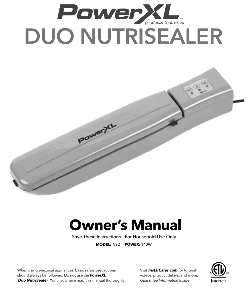 PowerXL VS2 140W Duo Nutirisealer Owner's Manual