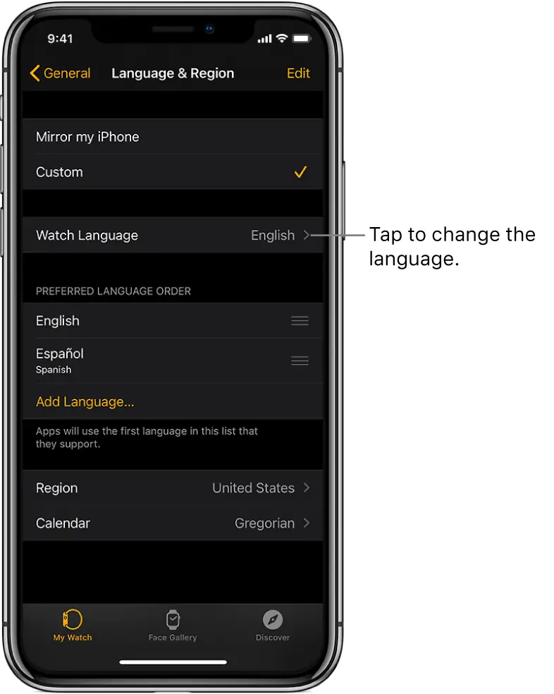 The Language & Region screen in the Apple Watch app, with the Watch Language setting near the top.
