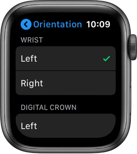 The Orientation screen on Apple Watch. You can set your wrist and Digital Crown preference.