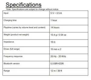 Bluetooth earbuds Specifications