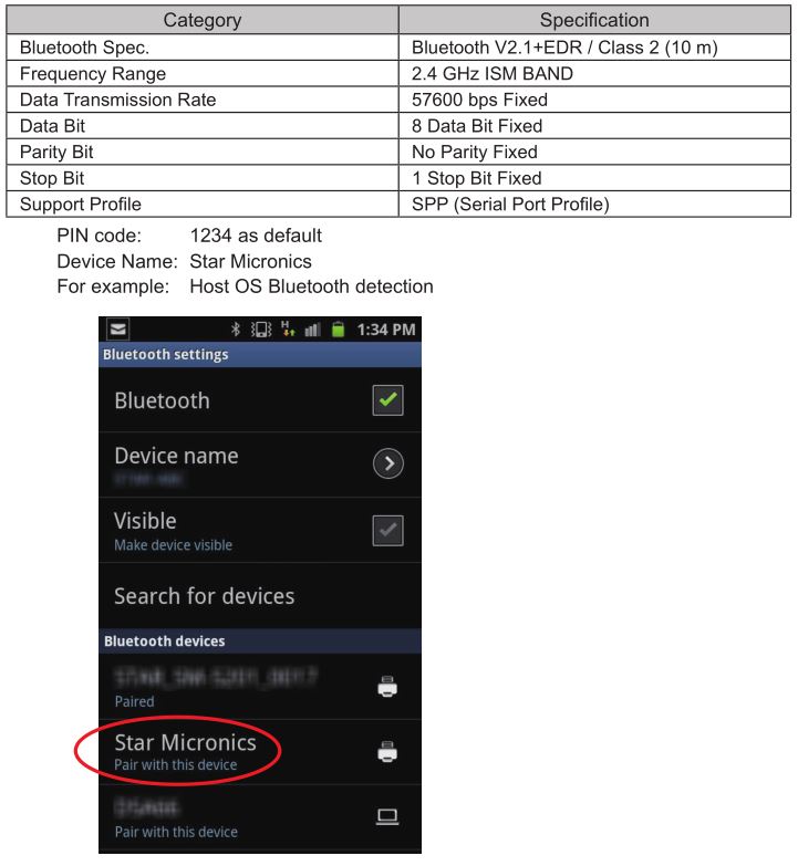 Star SM-T300, SM-T301, SMT302 Mobile Printer - Bluetooth Spec
