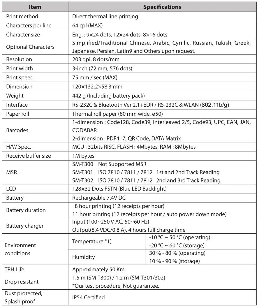 Star SM-T300, SM-T301, SMT302 Mobile Printer - Specifications