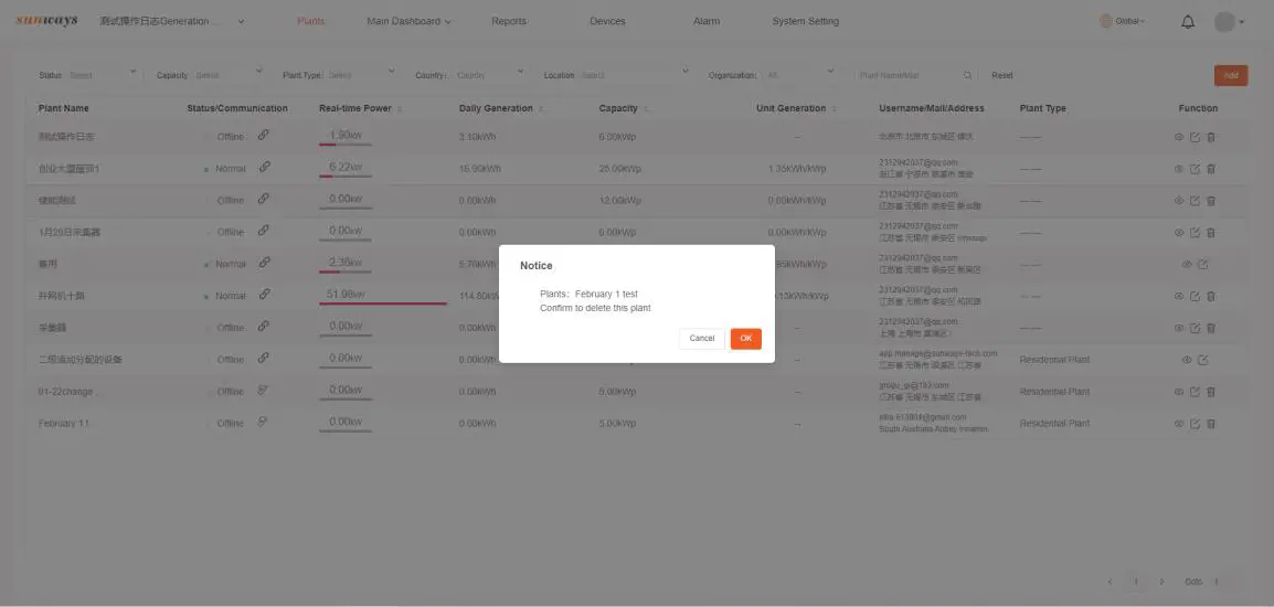 sunways Smart Plants Monitoring and Management Platform- Delete plant