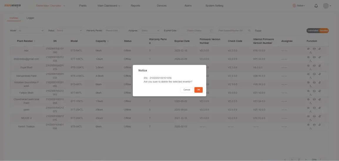 sunways Smart Plants Monitoring and Management Platform- Unbind