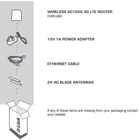 D Link DWR 960 Wireless AC1200 4G LTE Router - CONTENTS OF PACKAGING