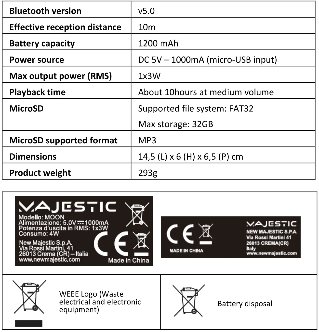 MAJESTIC 129357 Moon Portable Bluetooth Speaker - TECHNICAL SPECIFICATIONS