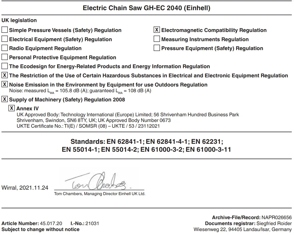 Einhell GH-EC 2040 Electric Chainsaw 2000 W Blade Length 406 Instruction Manual - Electric Chain Saw GH-EC 2040