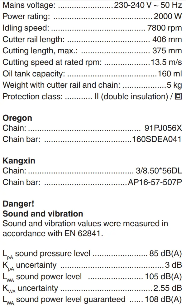 Einhell GH-EC 2040 Electric Chainsaw 2000 W Blade Length 406 Instruction Manual - Technical data