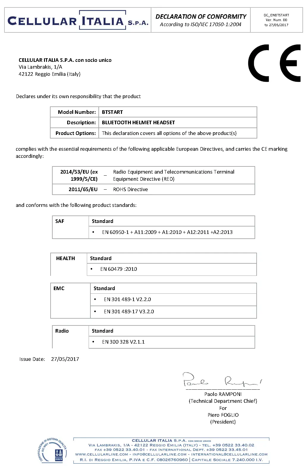 ECLARATION OF CONFORMITY