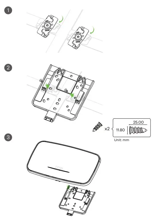 ZYXEL WAX640S-6E 802.11ax (WiFi 6E) Tri-Radio Unified Pro User Guide - Attach two clips to the ceiling grids as shown
