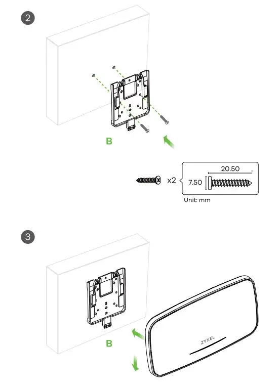 ZYXEL WAX640S-6E 802.11ax (WiFi 6E) Tri-Radio Unified Pro User Guide - Install two mounting screws through the holes
