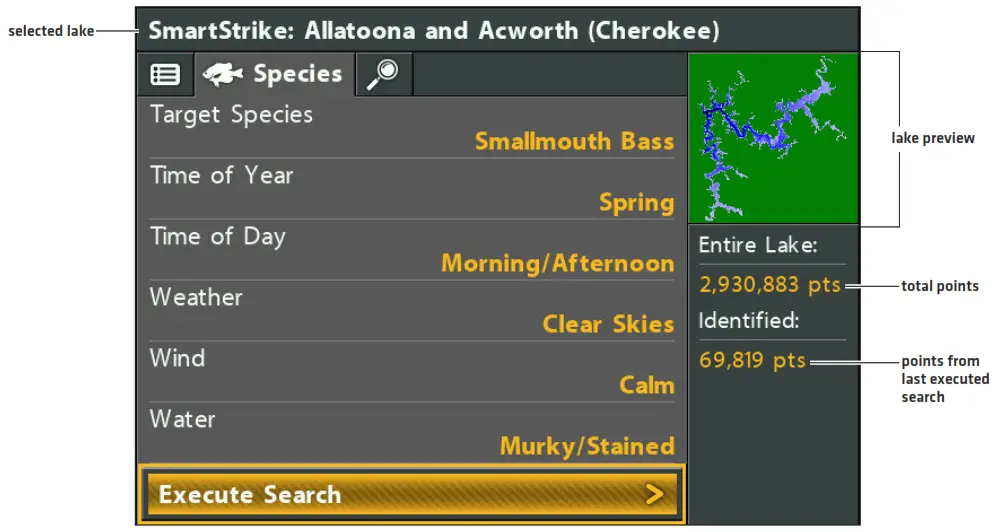 HUMMINBIRD HELIX Smart Strike Map Card - Reviewing Search Results from the SmartStrike Menu