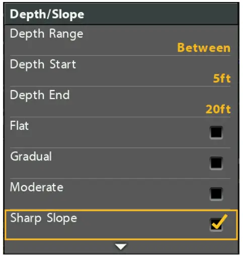 HUMMINBIRD HELIX Smart Strike Map Card - Selecting Advanced Search Options for Depth