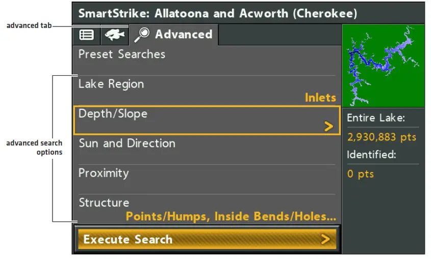 HUMMINBIRD HELIX Smart Strike Map Card - Selecting Advanced Search Options