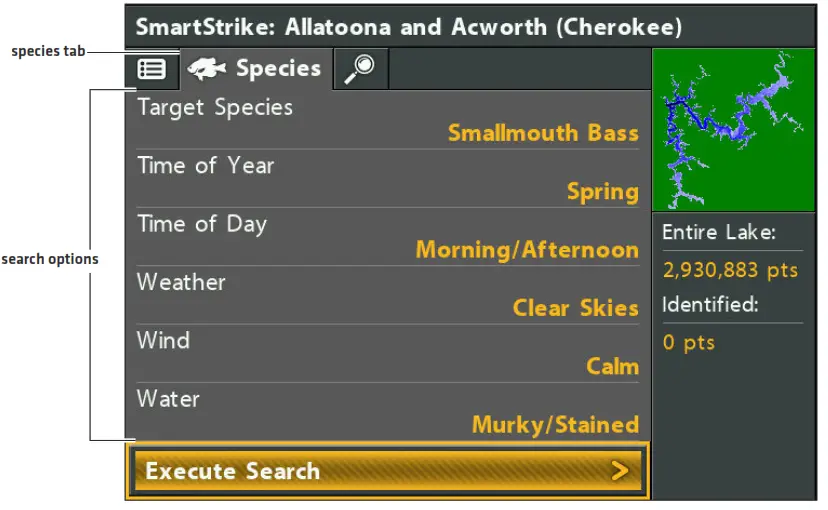 HUMMINBIRD HELIX Smart Strike Map Card - Selecting Search Options for a Species Search