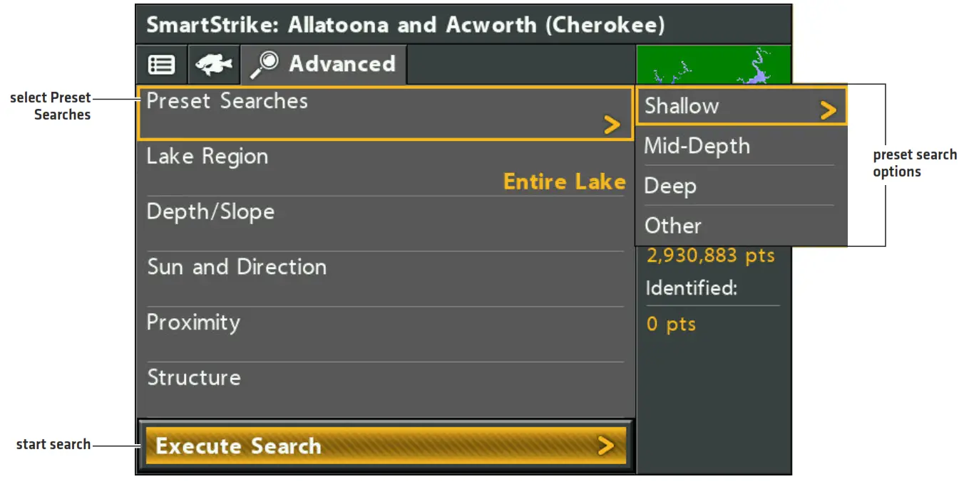HUMMINBIRD HELIX Smart Strike Map Card - Selecting a Preset Search