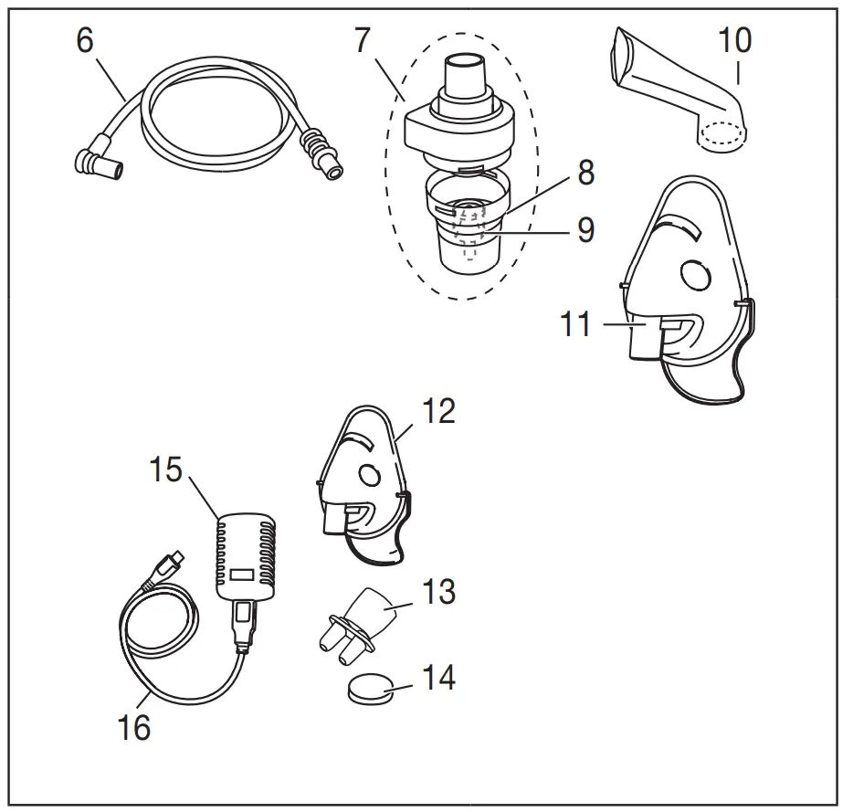 Overview of atomiser and accessories 
