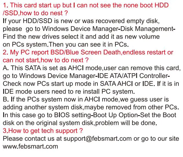 FEBSmart FS-S4-Pro PCIE 4 Ports 6Gbps SATA III Expansion Card User Manual - FAQ