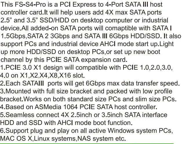 FEBSmart FS-S4-Pro PCIE 4 Ports 6Gbps SATA III Expansion Card User Manual - Product Description