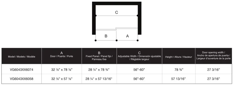 VIGO VG6043 Luca Adjustable Frameless Sliding Shower Door - Dimensions