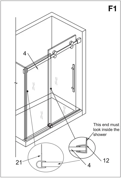 VIGO VG6043 Luca Adjustable Frameless Sliding Shower Door - Installing the water seal strip - F1