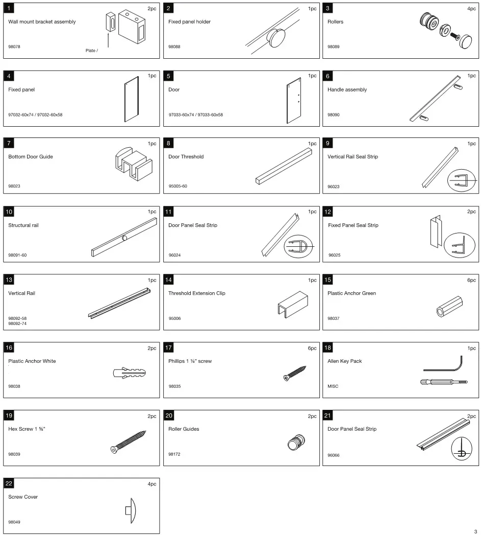 VIGO VG6043 Luca Adjustable Frameless Sliding Shower Door - Parts List Table