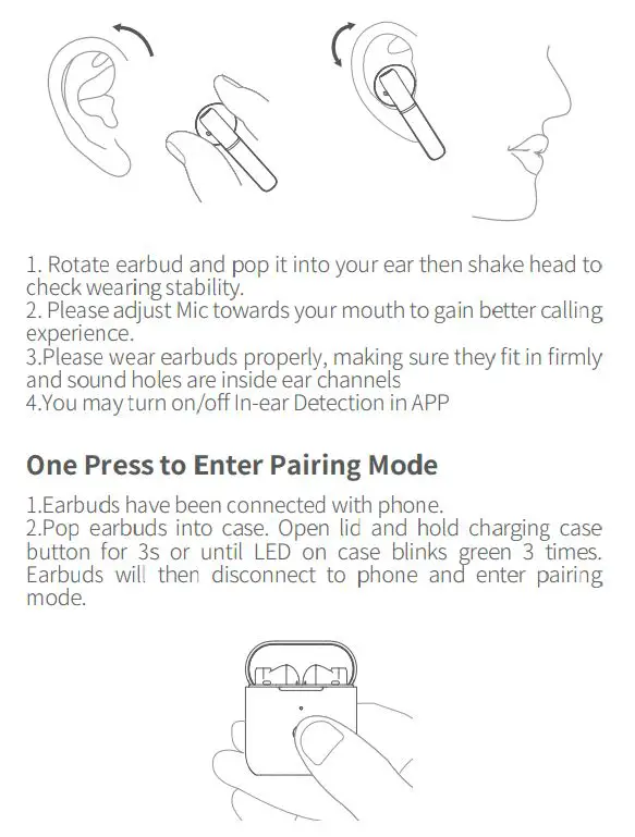 QCY-T8 TWS Smart Earbuds User Manual - How to Wear