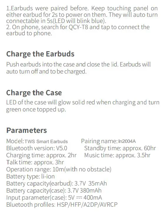 QCY-T8 TWS Smart Earbuds User Manual - Mono Mode