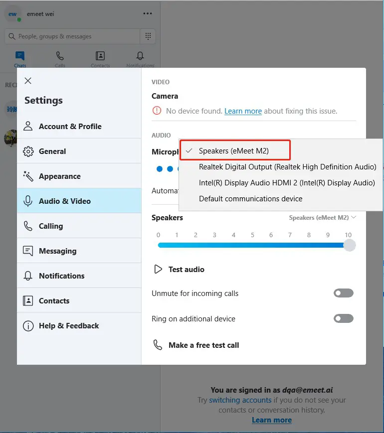 EMEET Call Settings Skype for business Audio Settings 11
