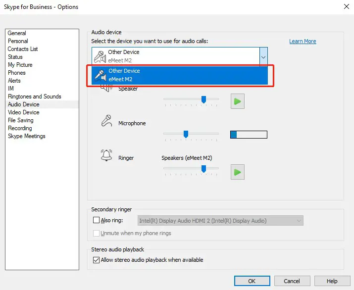 EMEET Call Settings Skype for business Audio Settings 3