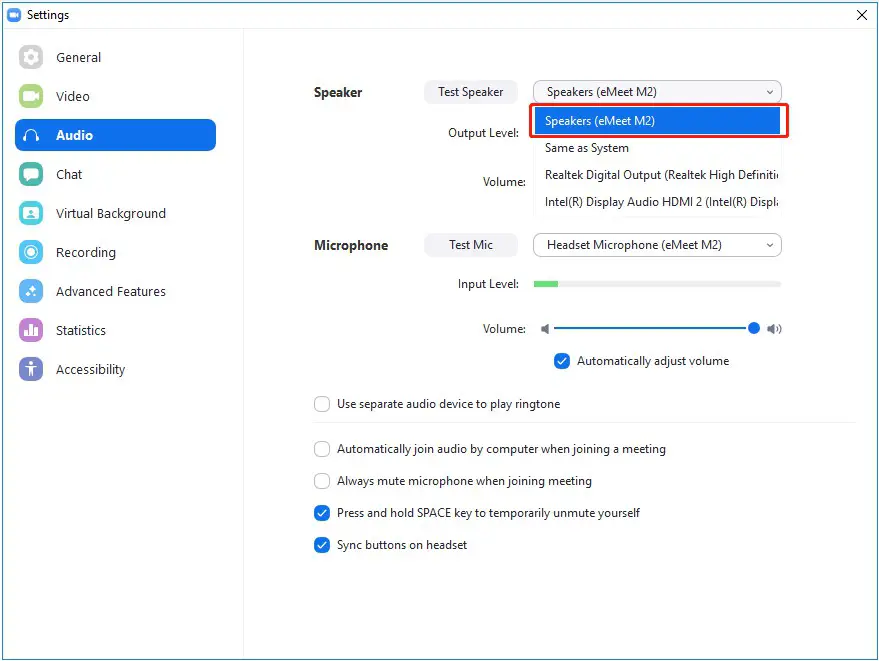 EMEET Call Settings Skype for business Audio Settings 6