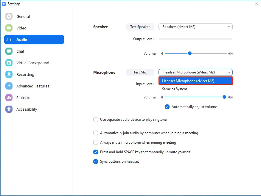 EMEET Call Settings Skype for business Audio Settings 7