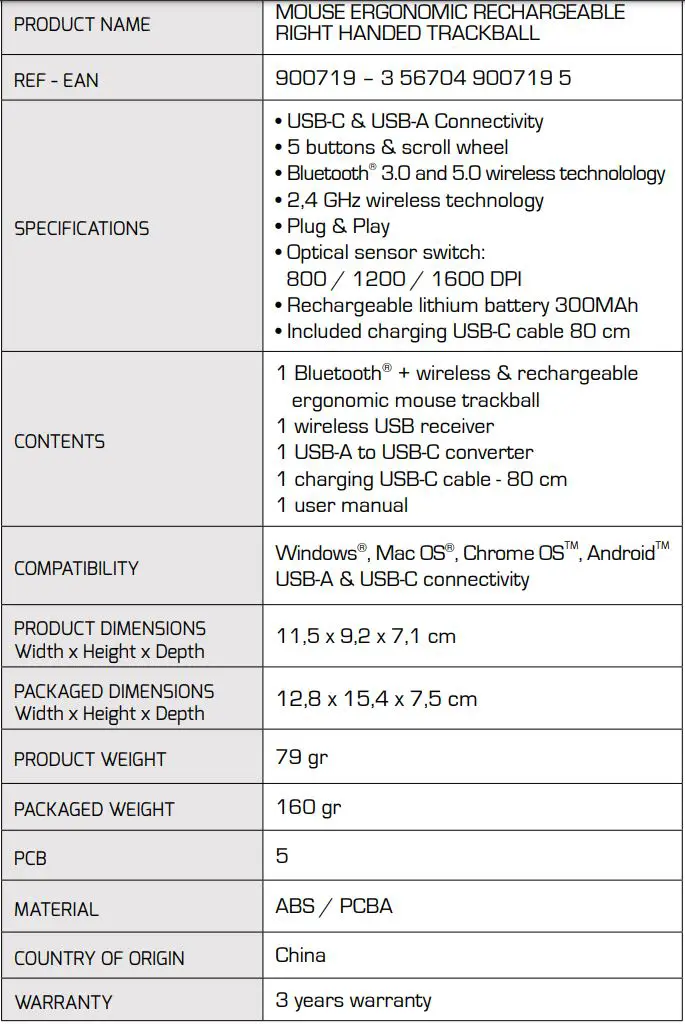 PORT CONNECT B09WQTZ9B4 Bluetooth Plus Wireless and Rechargeable Ergonomic Mouse Trackball User Manual - TECHNICAL SPECIFICATIONS