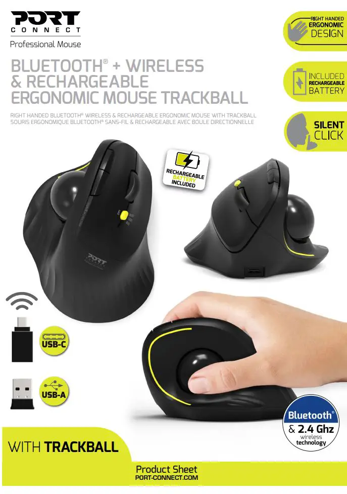 PORT CONNECT B09WQTZ9B4 Bluetooth Plus Wireless and Rechargeable Ergonomic Mouse Trackball User Manual