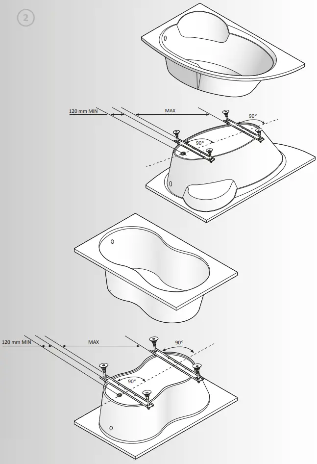 Kaliope 153x100 L Two Asymmetrical Bathtubs Installation Instruction illustration