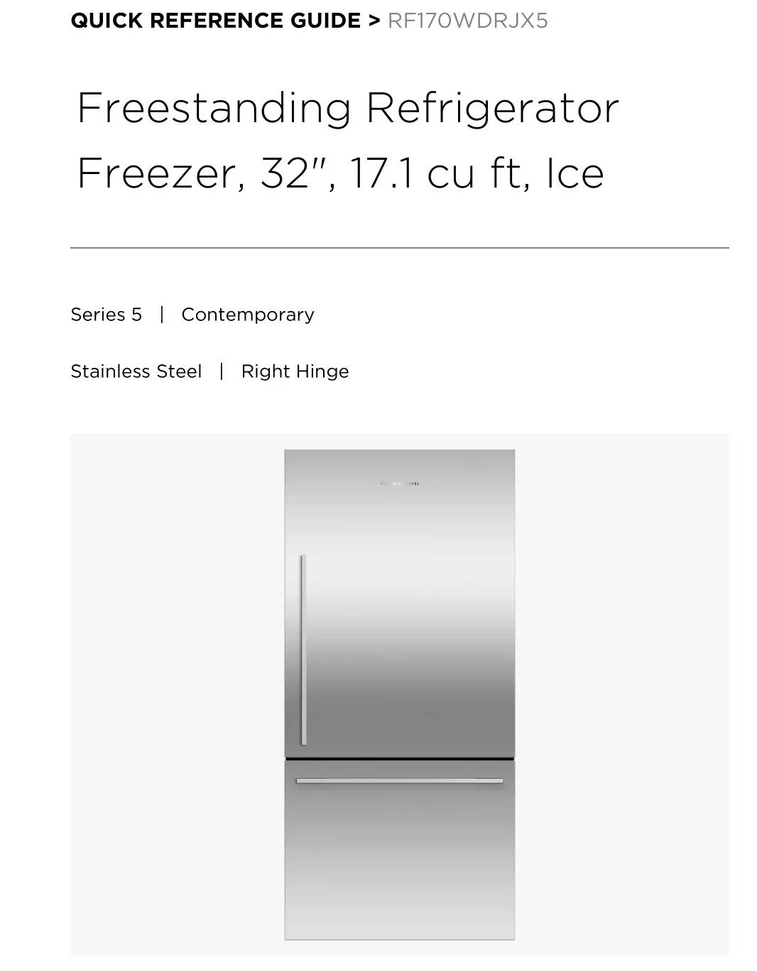 FISHER PAYKEL RF170WDRJX5 Freestanding Refrigerator Freezer 32 Inch 17.1 cu ft, Ice User Guide