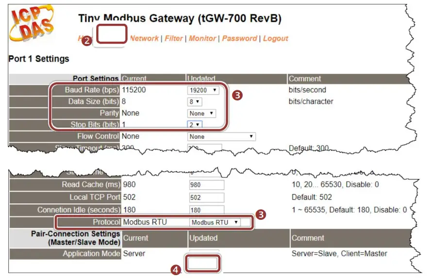Logicbus TGW 700 Tiny Modbus TCP to RTU ASCII Gateway - settings