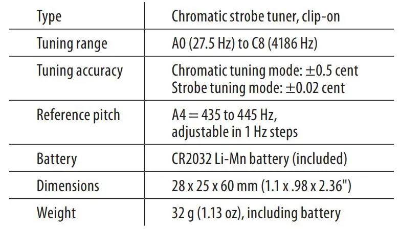tc electronic P0DZE Unitune Clip Clip-On Tuner with Strobe and Chromatic Modes and 108 LED Matrix Display - Specifications