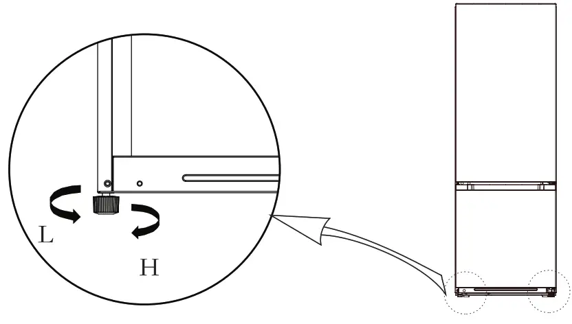 Midea MERB430FGF02AP Refrigerator Bottom Freezer - Schematic diagram of the leveling feet
