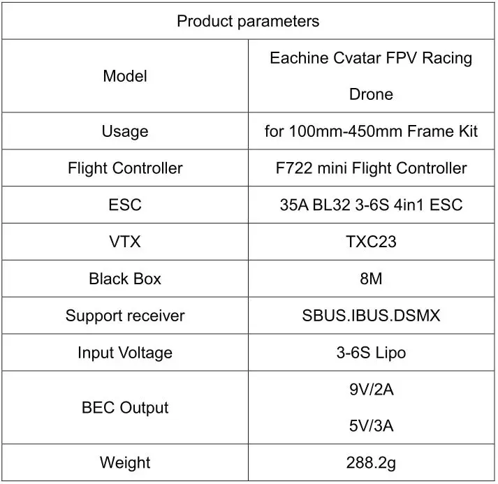 EACHINE Cvatar Cinewhoop FPV Racing Drone - Product Specifications
