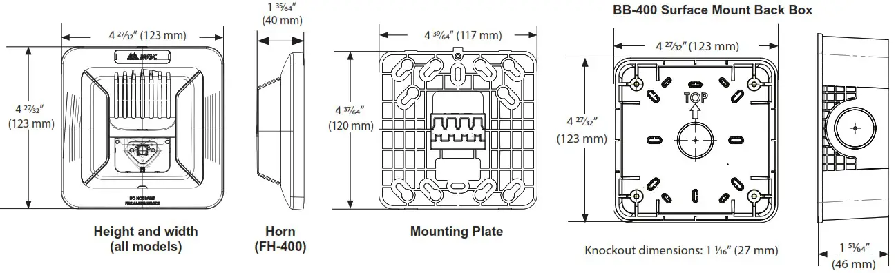 Mircom FH 400 Wall Ceiling Mount Horns - Dimensions