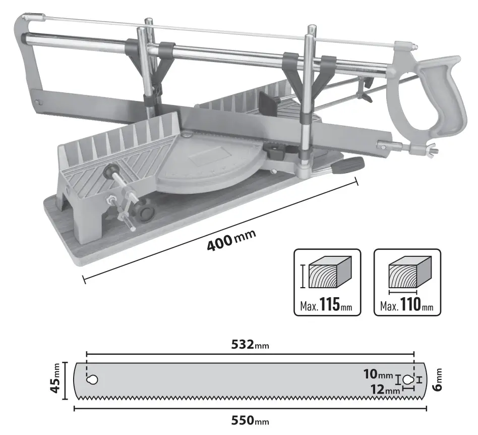 EXTOL 3915 Hand Mitre Saw - FIGURE OF THE ASSEMBLED SAW, SPECIFICATIONS OF THE SAW STRIP